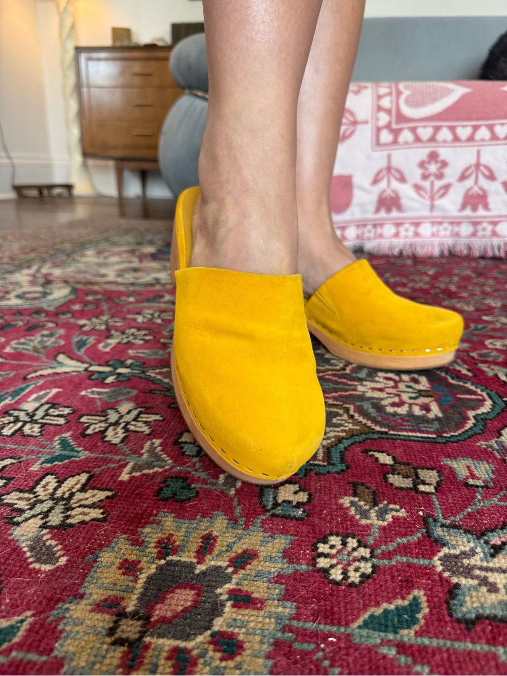 Charlotte Stone Yellow Suede Wood-Heel Clogs - Picture 3 of 5